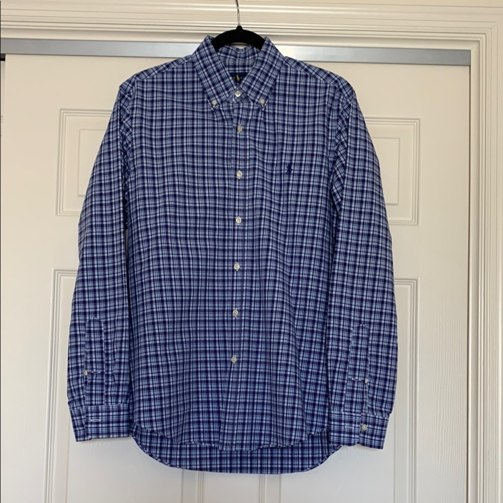 Ralph Lauren 100% Cotton Plaid Button-Down Shirt Men’s M Blue and White